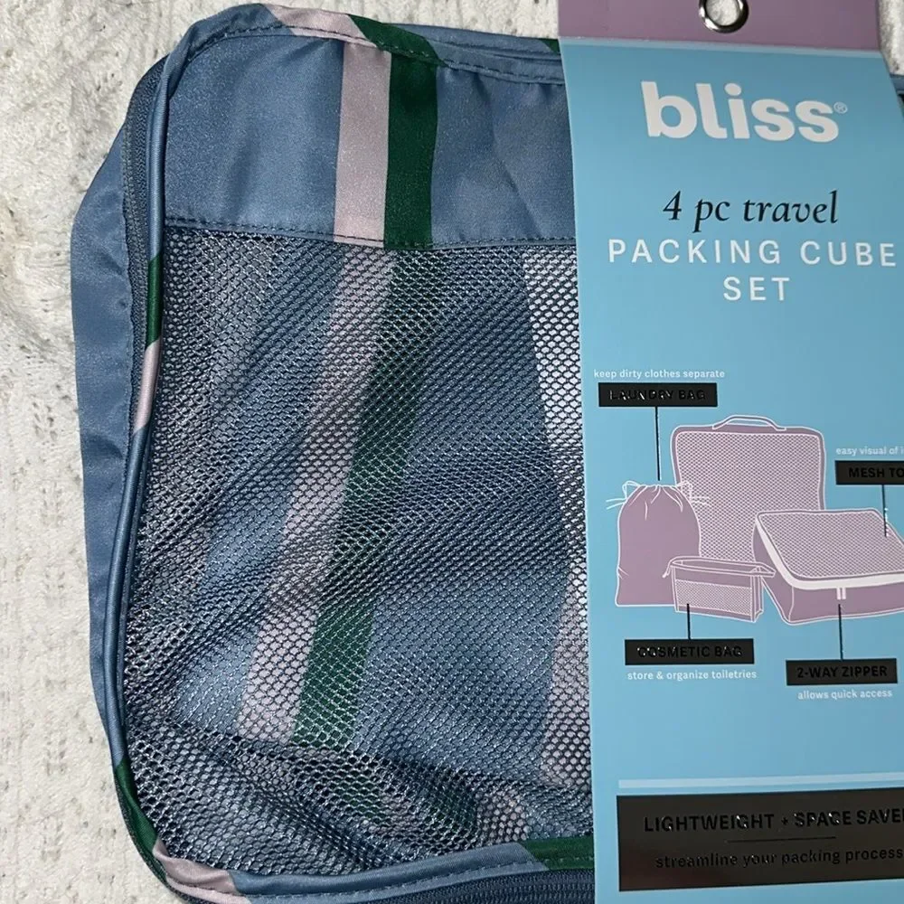 bliss Blue Green Blush Pink Mesh Stripe 4pc Travel Packing Cube Set